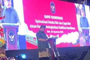Kaban Kesbangpol Bali Bacakan Sambutan Gubernur Bali pada Rakor Optimalisasi Deteksi Dini dan Cegah Dini